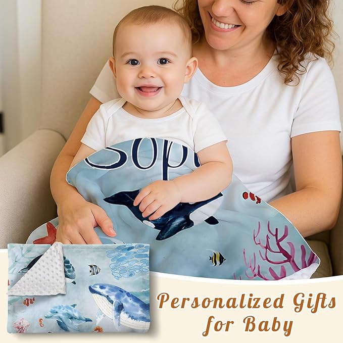 Custom Baby Blanket - Ocean Animals Theme Personalized Name Blanket for Boys Girls, Soft Infant Toddler Blanket with Whale and Dolphin, Customizable Nursery Bedding (30”x40)