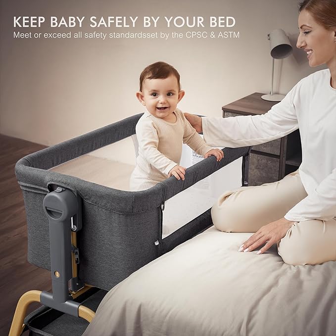 ANGELBLISS 3 in 1 Baby Bassinet, Rocking Bassinets Bedside Sleeper with Comfy Mattress and Wheels, 6 Height Adjustable Easy Folding Portable Bedside Crib for Newborn Infant (Dark Grey)