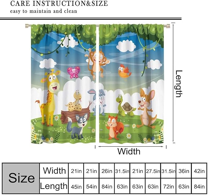 Animal Curtains, Cartoon Cute Woodland Jungle Forest Animals Pattern Blackout Window Treatments, Rod Pocket Thermal Insulated Drapes 2 Panel Sets for Kids Nursery Bedroom Classroom, 55" W X 63" L
