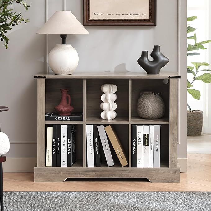 6 Cube Storage Organizer, 2 Tier Book Shelf with Led Lights, Farmhouse Book Shelves for Living Room, Horizontal Toy Storage Bookshelf, Wood Display Bookcase Cabinet for Bedroom, Office, Grey