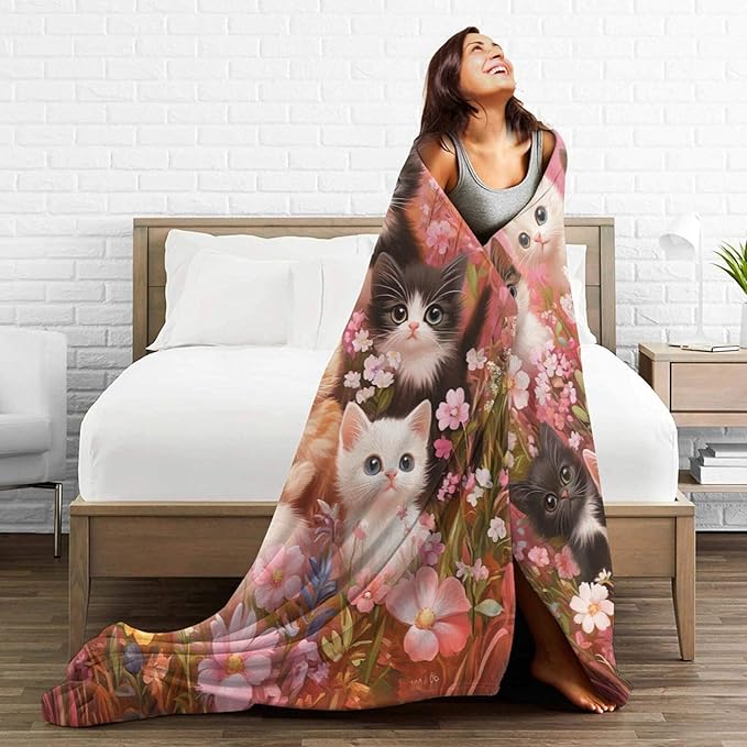 Pink Cat Blanket Funny Cats Throws Pet Animal Print Plush Fuzzy Fleece Blankets Gifts for Girls Boys Super Soft Warm Cozy Butterfly Flower Stuffed for Kids Men Women Bed Sofa Bedding 80"x60"
