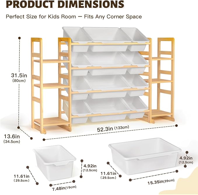 Wooden Toy Storage Organizer with 6 Shelves and 12 Bins, Toy Organizer Storage Kids Bookshelf, Toy Shelf for Playroom, Nursery, and Bedroom