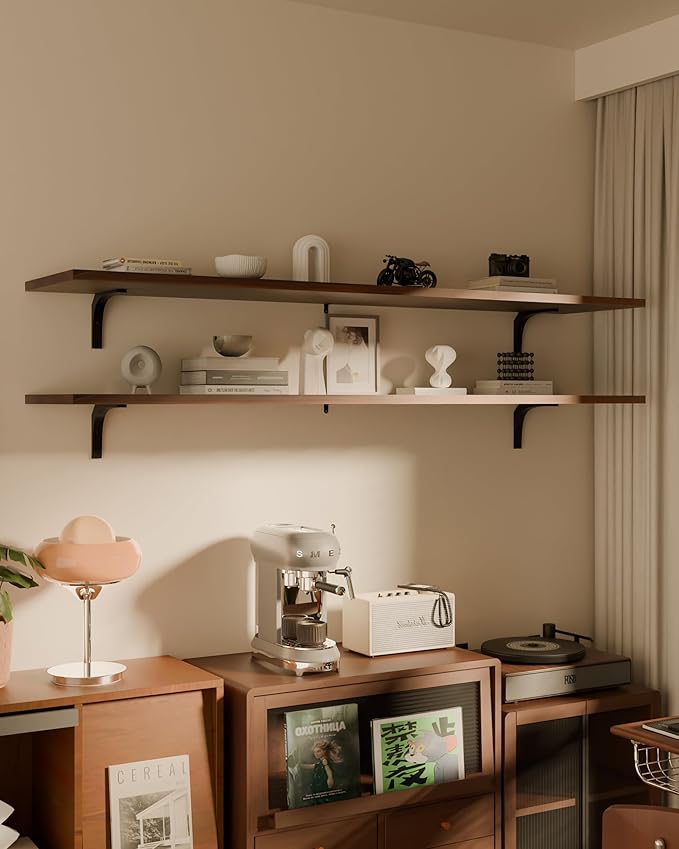 12x72 Inch Rustic Wood Floating Shelves 2-Pack - Farmhouse Walnut Wall Shelves with 100 lbs Capacity, Easy Installation for Living Room, Kitchen, Bathroom
