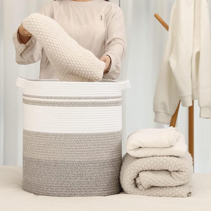 laundry hamper 16x16x18,60L – large basket for blankets,toy basket ,Cotton Rope Blanket Basket Living Room, Baby Laundry hamper for Blanket, Nursery, –stuffed animal storage（ Double color khaki）