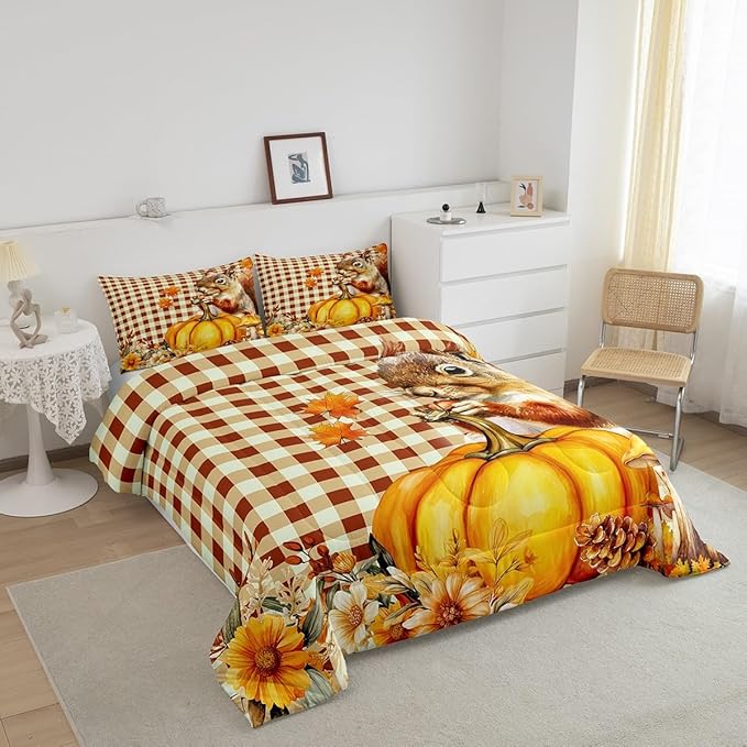 Squirrel Pumpkin Flower 3 Pcs Queen Size Comforter Set,Vintage Yellow Geometric Grid Down Alternative Adults Bedroom Decor,Autumn Harvest Thanksgiving Ultra Soft Microfiber Inner Fill 3Pcs Bedding