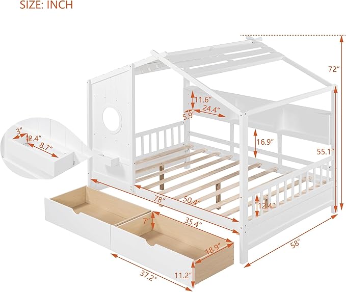 Modern Full Size House Bed with Roof and Window, Wooden Daybed Frame with Shelves and 2 Drawers,Bedroom Furniture for Girls & Boys (White+2 Drawers*)