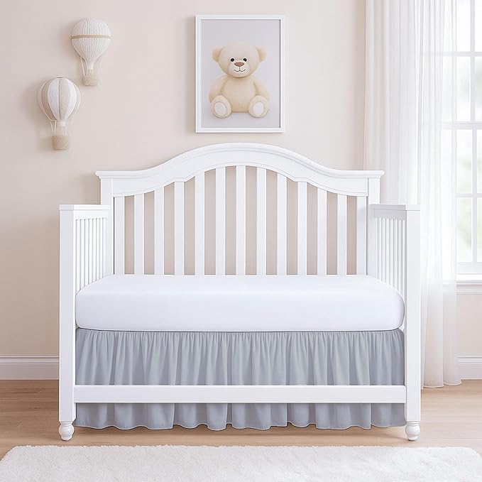Rajlinen Ruffled Crib Bed Skirt, Microfiber, Dust Ruffle with Split Corners, 14" Drop, Nursery Toddler Bedding for Baby Boys or Girls, Light Grey