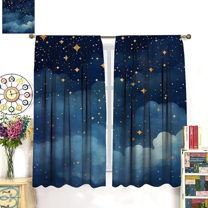 Night Sky Stars Curtain for Kids, Blue Starry Space Galaxy Pattern Window Treatments for Boys Girls Bedroom Toddlers Room Living Room 42" W X 54" L