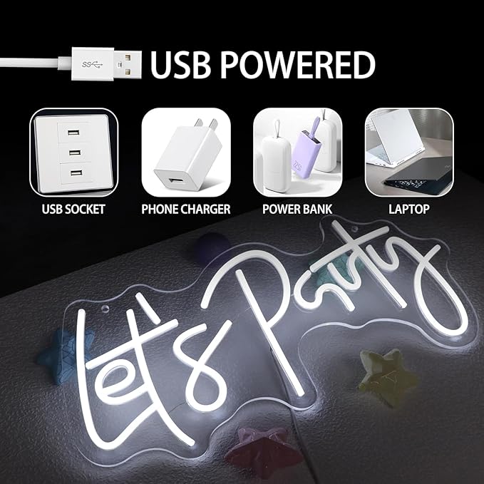 Let's Party Neon Sign for Wall Decor Led Neon Lights for Teen Bedroom Decor Art Light Up Letters Let's Party Neon Neon Signs for All Party Room Decorations USB 5v 21.7×10.4 Inch (White)