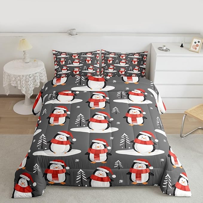 Feelyou Christmas Comforter Set All Season Penguin Bedding Set with 2 Pillow Cases Snowflake Microfiber Kids Queen Bedclothes Pine Tree Bedroom Decor Duvet Quilt Breathable Soft Lightweight