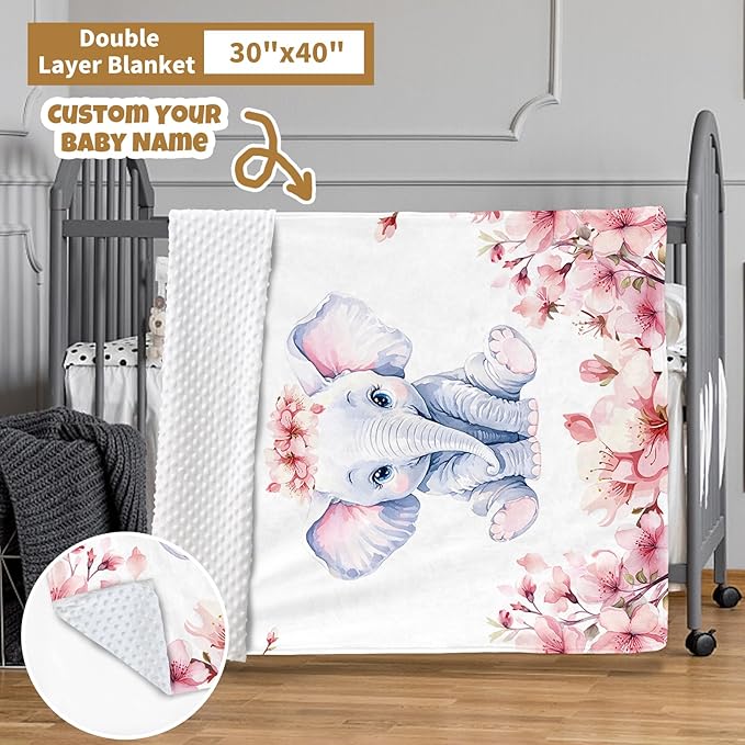 Custom Baby Crib Bedding Set, 3 Pcs Personalized Nursery Bedding Set with Name, Soft Baby Bedding Crib Sets with Blanket - Toddler Crib Sets for Girls Boys, Infant Newborn Gift, Flower Elephant