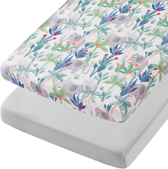 TILLYOU Mini Crib Sheets Fitted 2 Pack, Pack and Play Sheets for Toddler Mattress, Soft and Breathable 38”x 24” Pack n Play Mattresses Cover, Rainforest Elephant & Grey