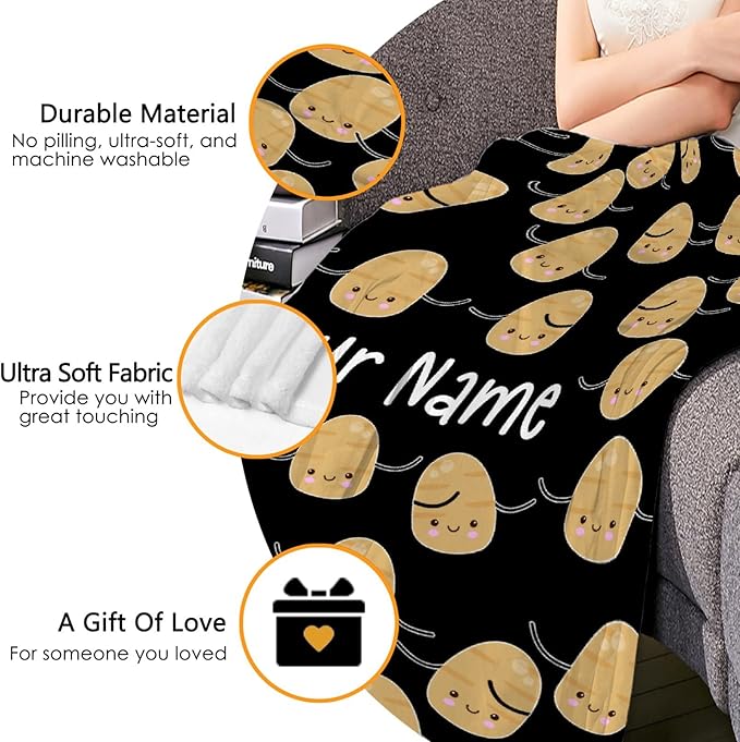 Custom Flannel Blanket with Text Cute Kawaii Potato with Name Customized Blankets Warm Unique Personalized Throw Souvenirs Gift of Love 60”×50” Medium for Teen