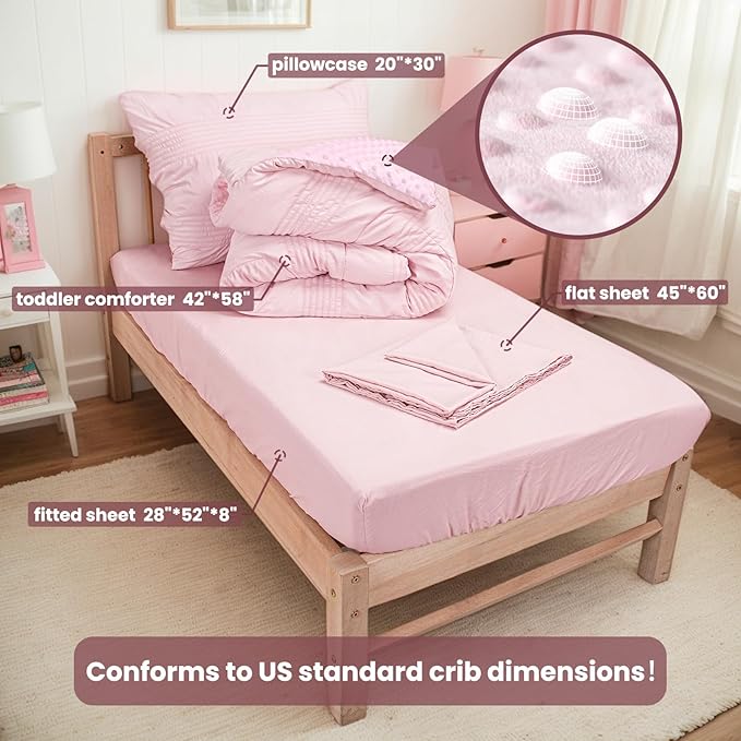 Toddler Bedding Set, Plush Minky Fabric Crib Bedding Set for Girls, Breathable and Soft Baby Crib Bedding Set, Includes Toddler Comforter, Flat Sheet, Fitted Sheet and Pillowcase (Pink)