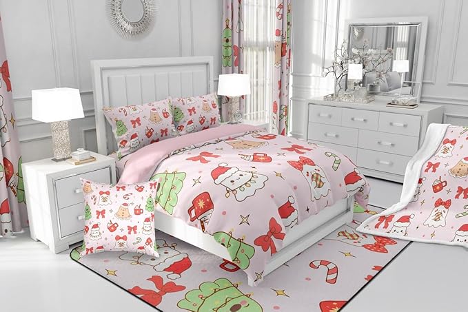 Feelyou Christmas Bedding Set Soft for Boys Girls, Cute Bow Comforter Set King Size Cute Ghost Duvet Quilt Microfiber Coquette Bow Knot Bedroom Decor Candy Print 3 Pcs with 2 Pillow Cases