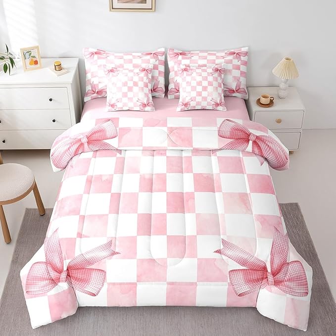 7 Pieces Pink Bowknot Kids Comforter Queen,Geometric Grid Checkered Patchwork Fashion Bedding Set,Bow Tie Knot Princess Chic Unique（Comforter+Fitted+Flat Sheet+2 Pillowcases+2 Throw Pillow Covers）