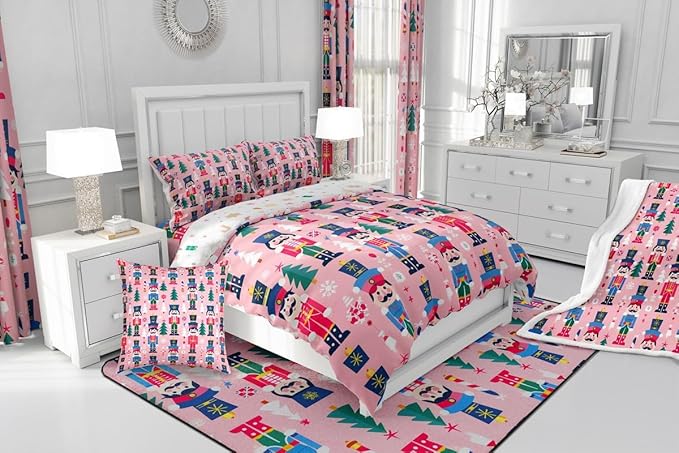 Feelyou Cute Nutcracker Kids Comforter Set Toddler Christmas Tree Bedding Set Xmas Snowflake Duvet Quilt for Kids Boys Girls Bedroom Colorful Soldier Decor Candy-Cane Designs Soft Breathable