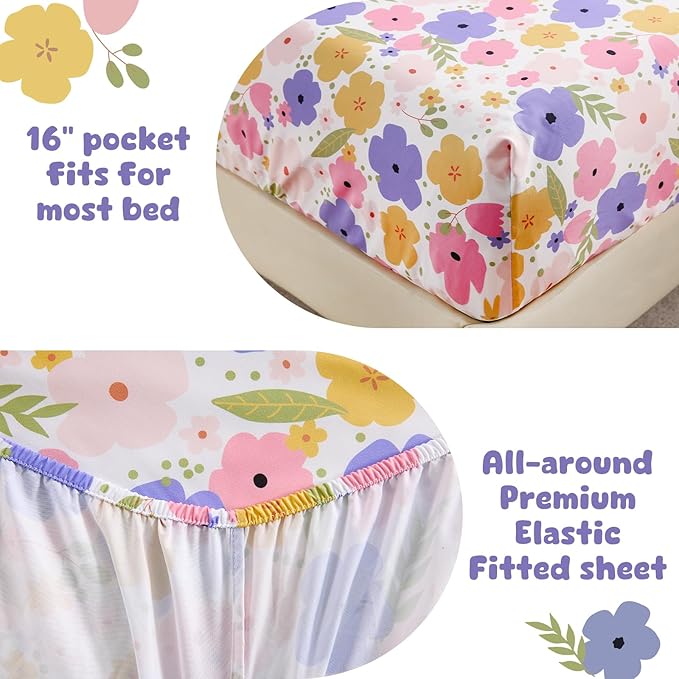 LONAVA Twin Kids Comforter Set - 4 Pieces Twin Bedding Sets for Boys Girls Children, Ultra Soft Microfiber Bed in A Bag with Flat Fitted Sheets, Flower
