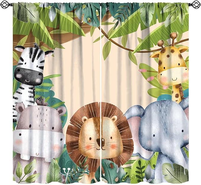 Jungle Animals Curtains Colorful Forest Cartoon Wildlife Lion Giraffe Elephant for Kids Boys Girls Nursery Bedroom Living Room Blackout Rod Pocket Decoration Window Drapes 2 Panels W27.5xL63in