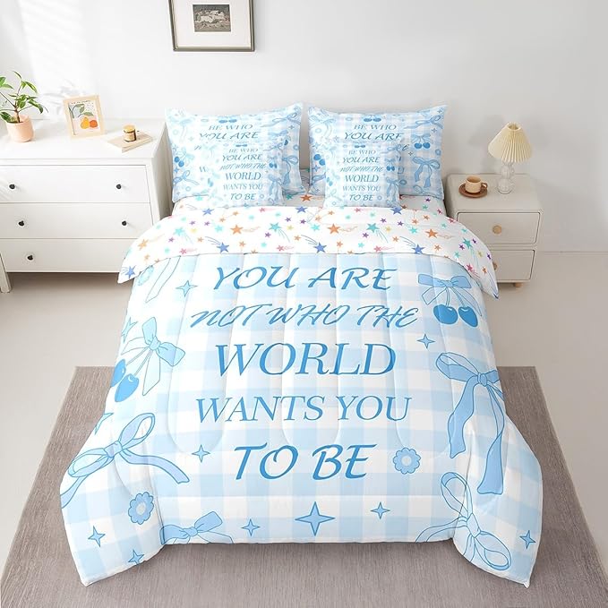 7 Pieces Blue Bowknot Comforter Set King,Cartoon Cherry Stars Daisy Flowers Princess Bedding Set,Bow Geometric Plaids Patchwork Dreamy（Comforter+Fitted+Flat Sheet+2 Pillowcases+2 Throw Pillow Covers）
