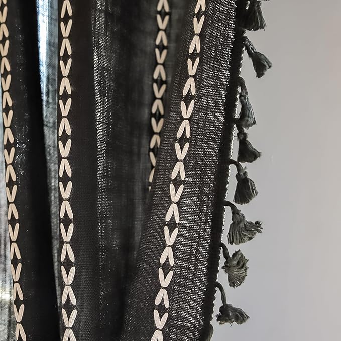 Deeprove Black Boho Curtains 108 inches Long for Bedroom Living Room, Vintage Bohemian Style Embroidery Stripe Tassel Farmhouse Cotton Linen French Door Window Treatments Decor, W52 x L108, 1 Panel