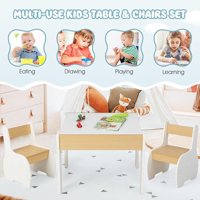 INFANS 3 in 1 Kids Table and Chair Set, Wood Multi Activity Table with Removable Tabletop Storage, Detachable Blackboard for Toddler Playing Drawing Arts Crafts,3 PCS Children Furniture