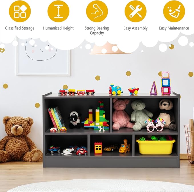 Costzon Toy Storage Organizer for Kids, 5-Section School Classroom Storage for Organizing Books Toys, Wooden Kids Bookshelf Daycare Furniture for Preschool, Playroom, Nursery, Kindergarten (Dark Gray)