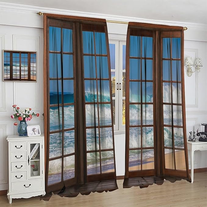 Ocean Beach Curtains,Waves Crashed Beach Hawaiian Seaside Scene Pattern Blackout Print Home Bedroom Living Room Window Treatments 2 Panel Set 63x63 Inch