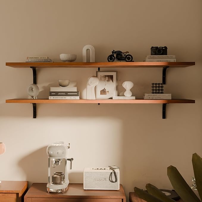 12x60 Inch Rustic Wood Floating Shelves 2-Pack - Farmhouse Brown Wall Shelves with 100 lbs Capacity, Easy Installation for Living Room, Kitchen, Bedroom
