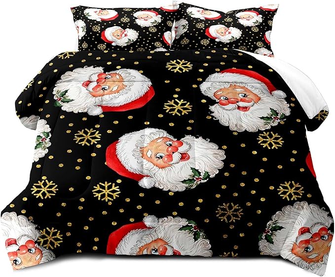 LUVIVIHOME 3PCS Merry Christmas Comforter Set King Size, Gold Snowflake Funny Cute Santa Claus Bedding, Christmas Bedroom Decor, Soft Breathable Microfiber Black Quilt, Xmas Gifts, 2 Pillow Shams