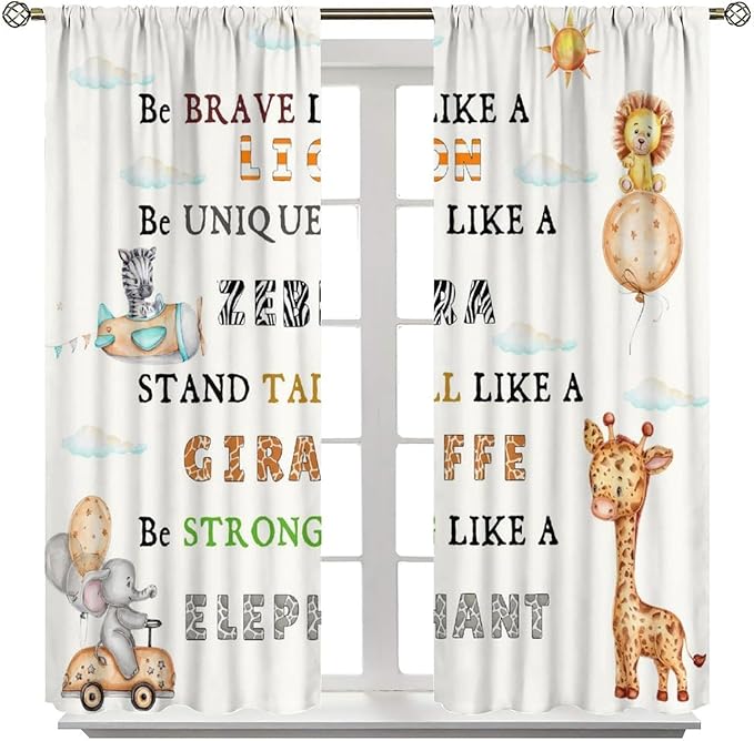 Cartoon Animals Curtains, Cute Jungle Animal Zebra Elephant Lion Giraffe Window Treatments, Rod Pocket Thermal Insulated Drapes 2 Panel Sets for Kids Bedroom Nursery Classroom, 42"W X 45"L【Decor】