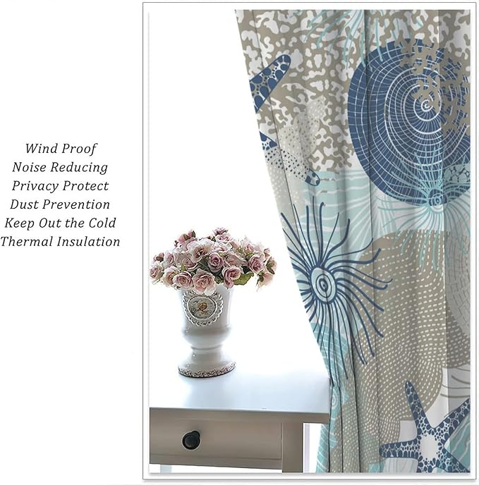 Coastal Curtains Ocean Beach Themed Room Darkening Window Curtain Nautical Coral Blackout Curtain for Bedroom Living Room Bathroom Nursery Set 2 Panels,42x45 Inches