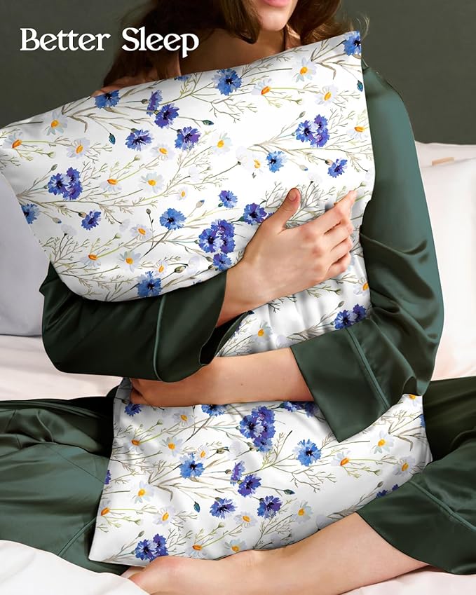 Silk Pillowcase 2 Pack - Pillow Cases 20" x 36" King Size Set of 2 for Hair and Skin Smooth Soft Breathable with Hidden Zipper Cooling Pillow Covers for Sleeping, Blue Daisy