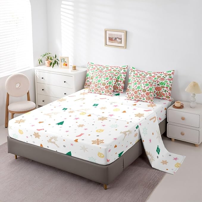 Christmas Candy Comforter Set With Sheets 7 Piece King Size Cute Bow Bed in a Bag Kids Boys Girls Red and Green Sweet Bedding Set Reversible Xmas Decor Bedroom Decor Breathable Soft Lightweight