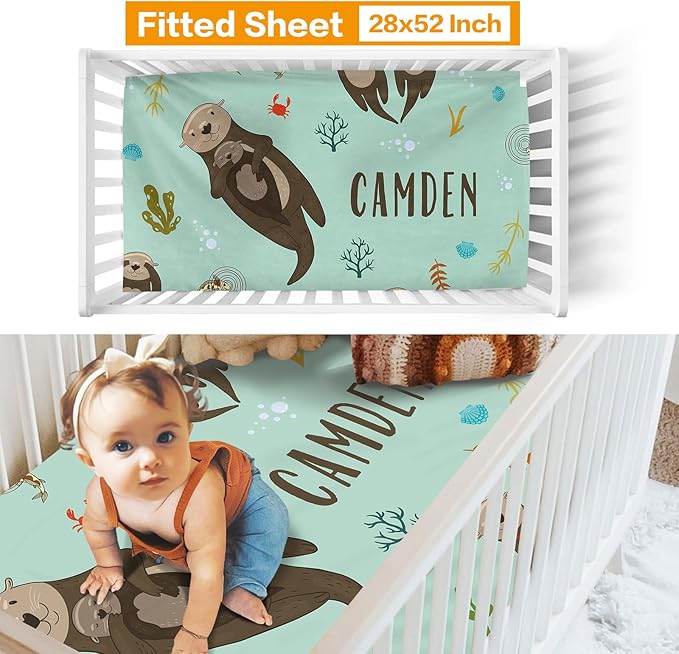 Custom Crib Bedding Set - Marine Animals Design Personalized Name Baby Nursery Bedding 3 Pcs Set - Chic Soft Blanket, Sheet, Pillowcase for Newborns Boys Girls Gifts Color20