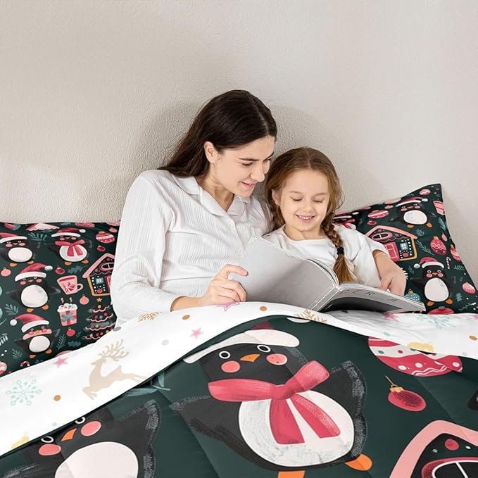 Feelyou Christmas Kids Comforter Set Full Size Xmas Tree Ball Bedding Set Penguin Duvet Quilt for Kids Boys Girls Bedroom Gingerbread Houses Decor Microfiber Ultra Soft Breathable