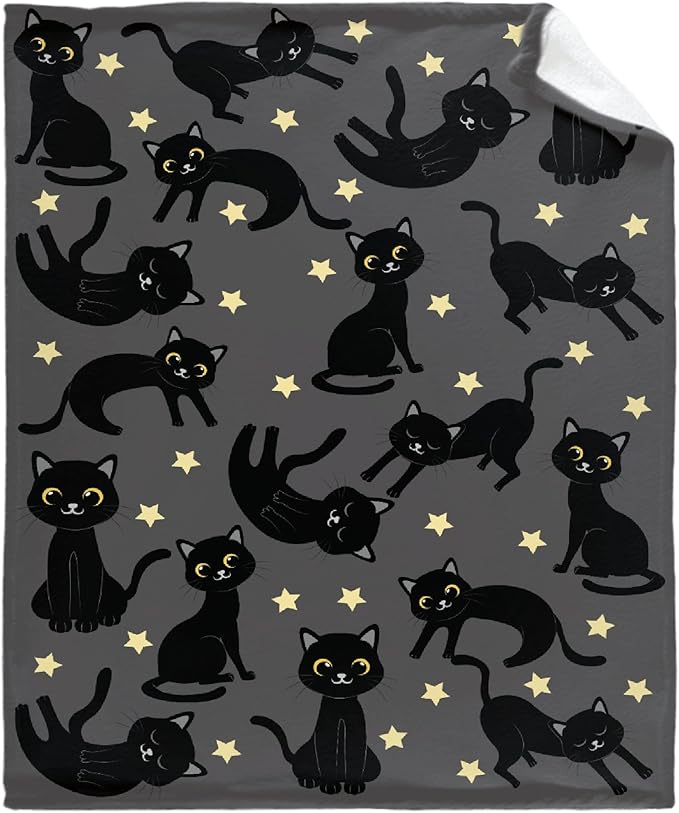 Thuswarm Cats and Stars in The Dark Flannel Throw Blanket Warm Cozy Soft Funny Print Blankets for Bed Couch Sofa Room Decoration Gifts 50”×40” Small for Kid