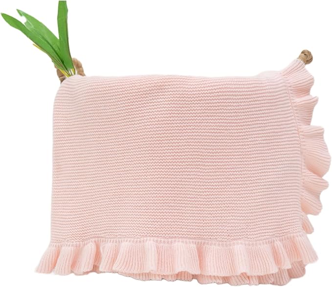 Cotton Baby Blanket with Ruffle Edge Soft Breathable Newborn Blanket for Boys & Girls, Lightweight Knit Throw for Crib, Stroller & Nursery Multiple Colors Available Pink 28x36