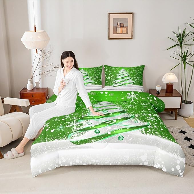 Feelyou Merry Christmas Comforter Set All Season Christmas Tree Bedding Set with 2 Pillow Cases Snowflake Microfiber Kids Queen Bedclothes Winter Bedroom Decor Duvet Quilt Breathable Soft
