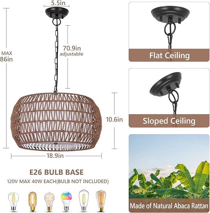 Rattan Farmhouse Chandelier Light Fixtures,5-Lights Boho Large Pendant Light,Woven Chandeliers for Dining Room with Fabric Shade,Rustic Hanging Light Fixtures for Kitchen Island-Dark Brown