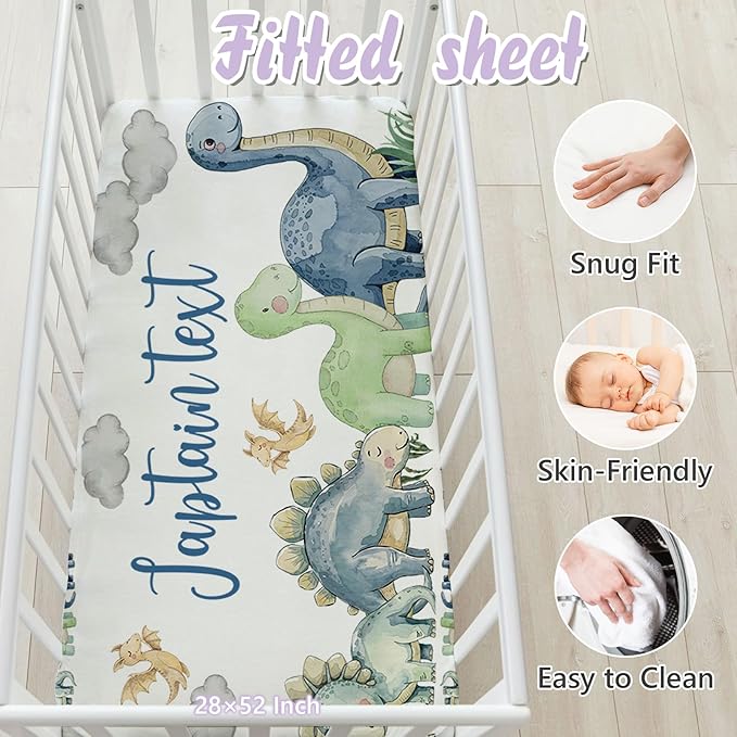 Personalized Baby Crib Bedding Set, 5 Pcs Custom Name Nursery Bedding Set for Girls Boys, Green Dinosaur Baby Crib Set for Toddlers Infants, Double Layer Bedding Crib Sets Customized Gifts