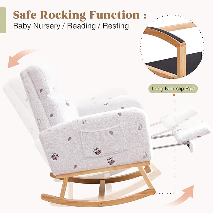Rocking Chair Nursery with Foot Rest, Nursing Rocking Chairs for Mom Breastfeeding, Teddy Rocker Glider Chair with High Backrest for Living Room, Bedroom, Cow Printed White