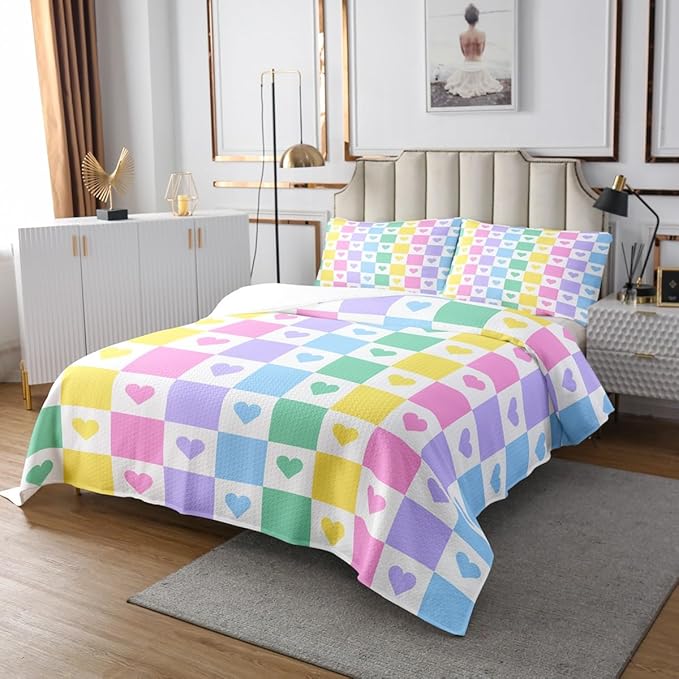 Manfei Cute Love Heart Kids Bedspread Queen Size,Colorful Geometric Plaids Grids Squares Coverlet Set,Girls Women Room Decor,Couple Valentine's Day Quilted Coverlet,Chic Bedding Quilt,2 Pillowcases