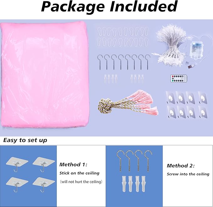 Lovelite Pink Bed Canopy with Lights for Girls, 8 Corners Post Canopy Bed Curtain with Pink LED Star Lights Remote Control for Girls Bedroom, Hanging Princess Canopy for Twin Full Queen King Bed