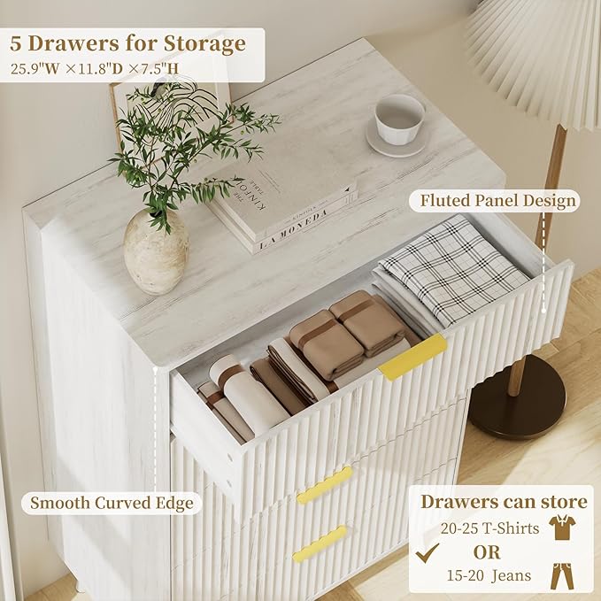LYNSOM Fluted Dresser and Nightstand Sets 2 Piece, 2-Drawer Nightstands and 5-Drawers Dresser, Wood Bedroom Furniture Set for Home, Bedroom, Hallway, White