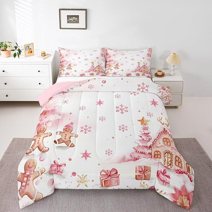 jejeloiu Kids Christmas Theme Comforter Set Twin Size Pink Xmas Gingerbread Man Bedding Set for Boys Girls Teens Candy House Snowflake Winter Happy New Year Duvet Quilt Room Decor