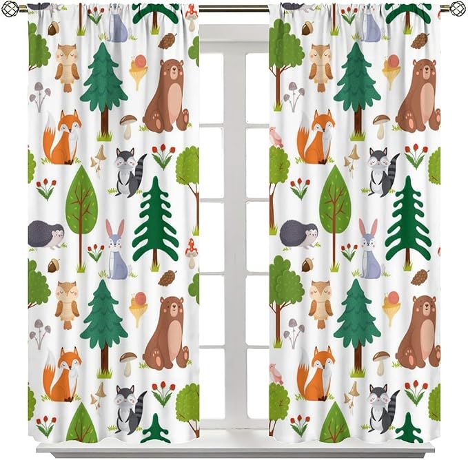 Jungle Animal Curtains, Woodland Animals Forest Pattern Blackout Window Treatments, Rod Pocket Thermal Insulated Drapes 2 Panel Sets for Kids Room Nursery Classroom, 72" W X 63" L