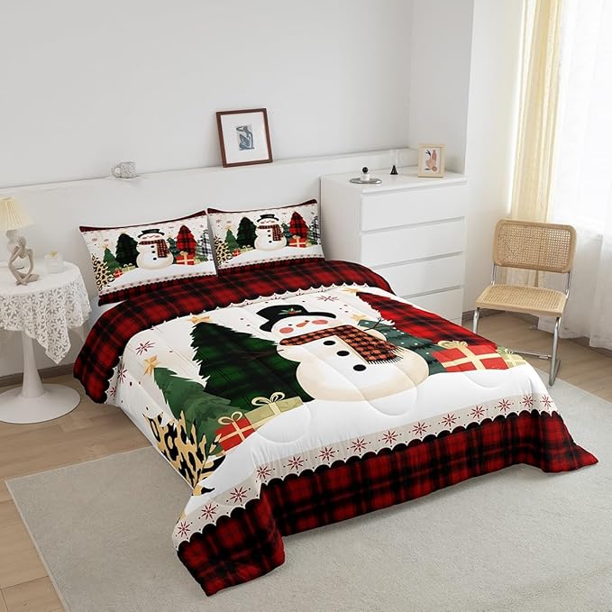 Manfei Snowman Comforter Set Twin Size, Xmas Leopard Plaid Trees Snowflake Down Comforter with 1 Pillowcase, Christmas Theme Bedding Set 2pcs for Kids Girl Bedroom Decor New Year Duvet Insert