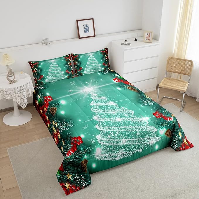 Feelyou Merry Christmas Comforter Set, Kids Santa Tree Glitter Bedding Comforter Twin Size for Boys Girls Xmas Christmas Bell Decor,1 Comforter + 1 Pillow Case Boys
