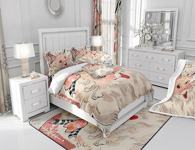 jejeloiu Pink Christmas Bedding Set for Kids Boys Girls Santa Claus Comforter Cover Set Queen Size New Year Decor Duvet Cover Bedroom Decor Xmas Bedspread Cover Bedding Collection 3Pcs